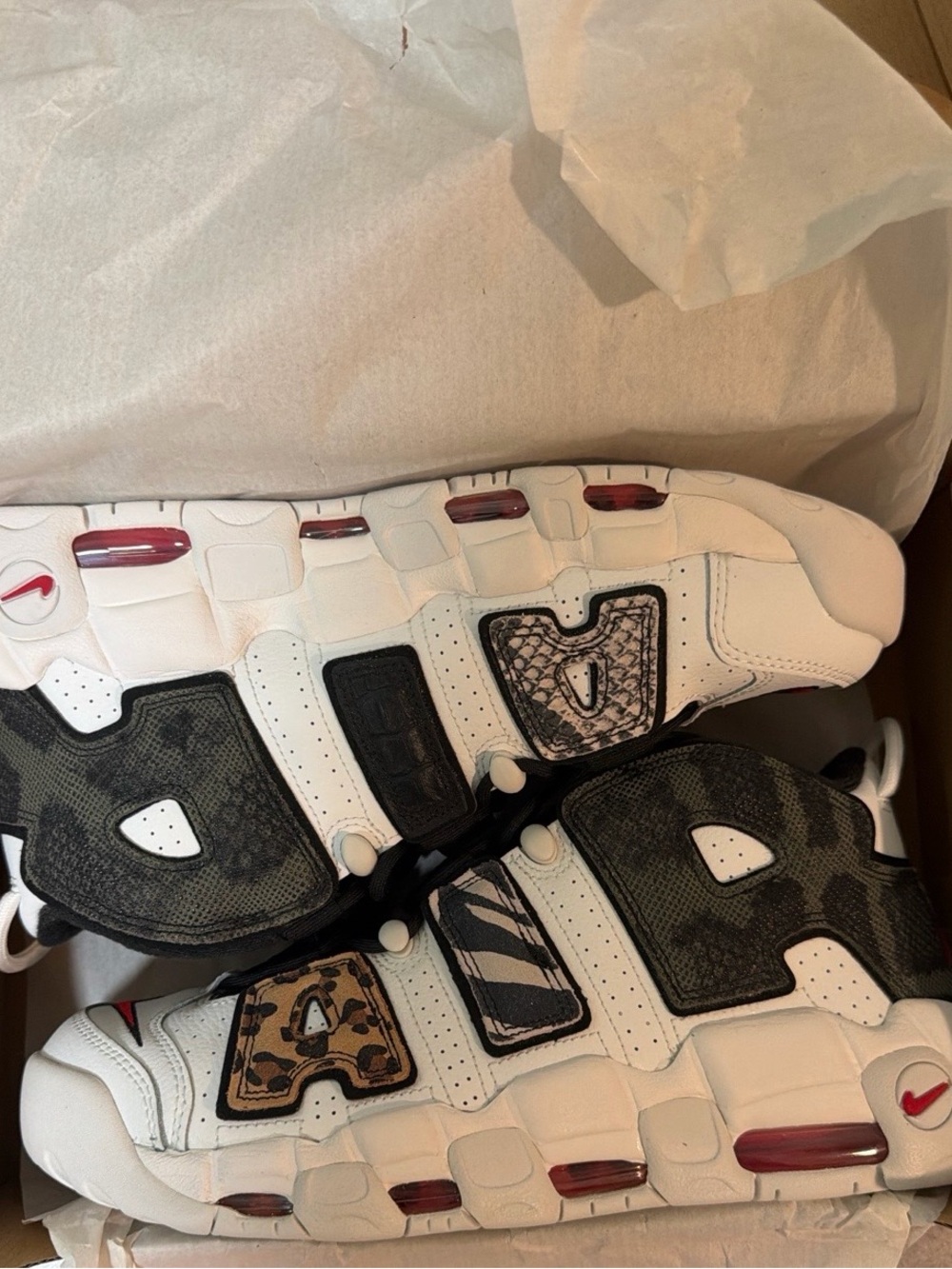 Nike White Black Brown Animal Print Air More Uptempo Sneakers